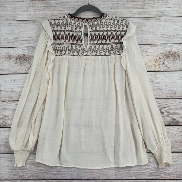 Perch by Blu Pepper Embroidered Blouse Womens 2XL Cream Brown Ruffles - Picture 2 of 13
